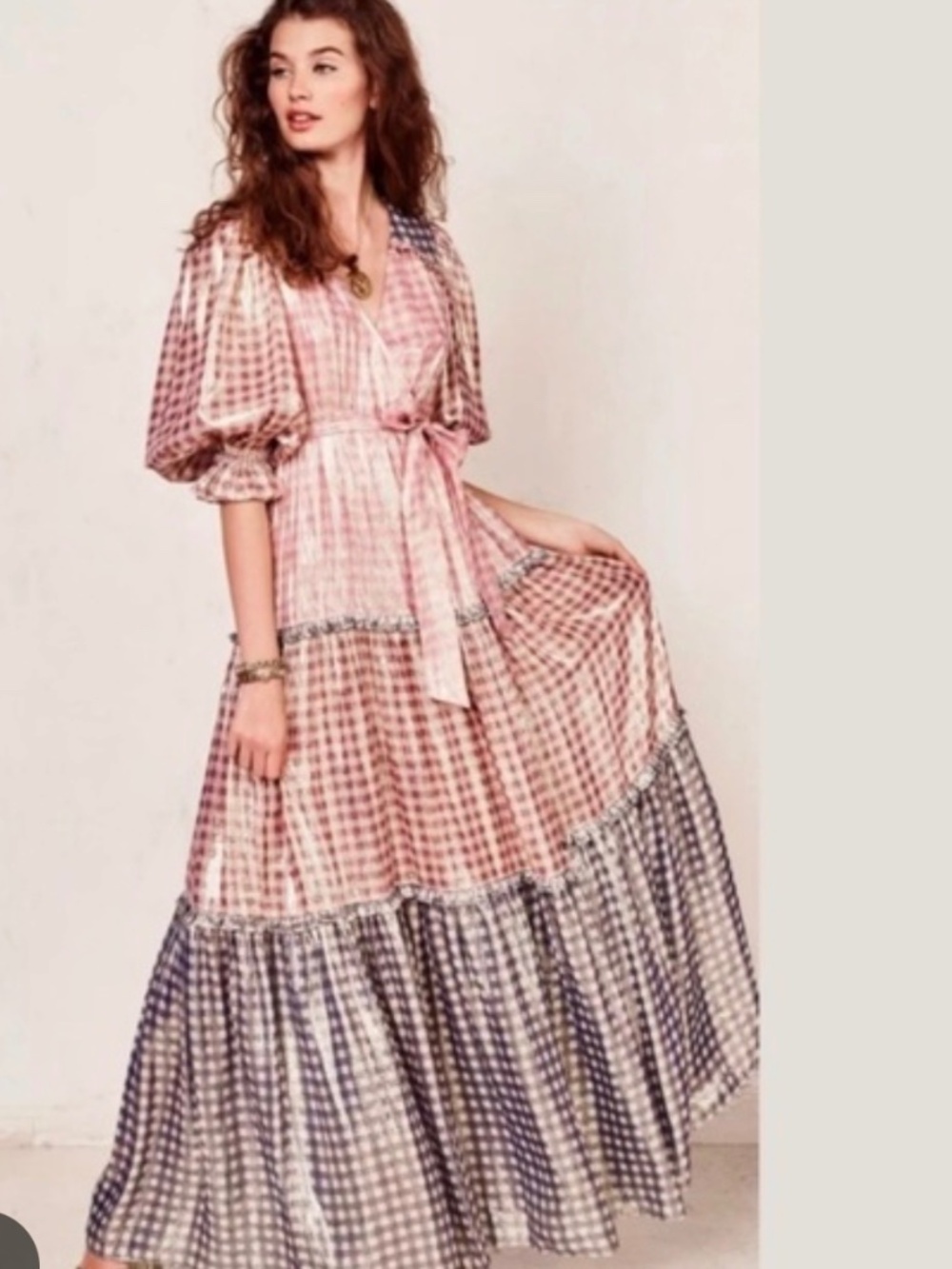 NWT LoveShackFancy “Stormi” Tiered Belted Maxi Metallic Pink/Grey Dress Size L